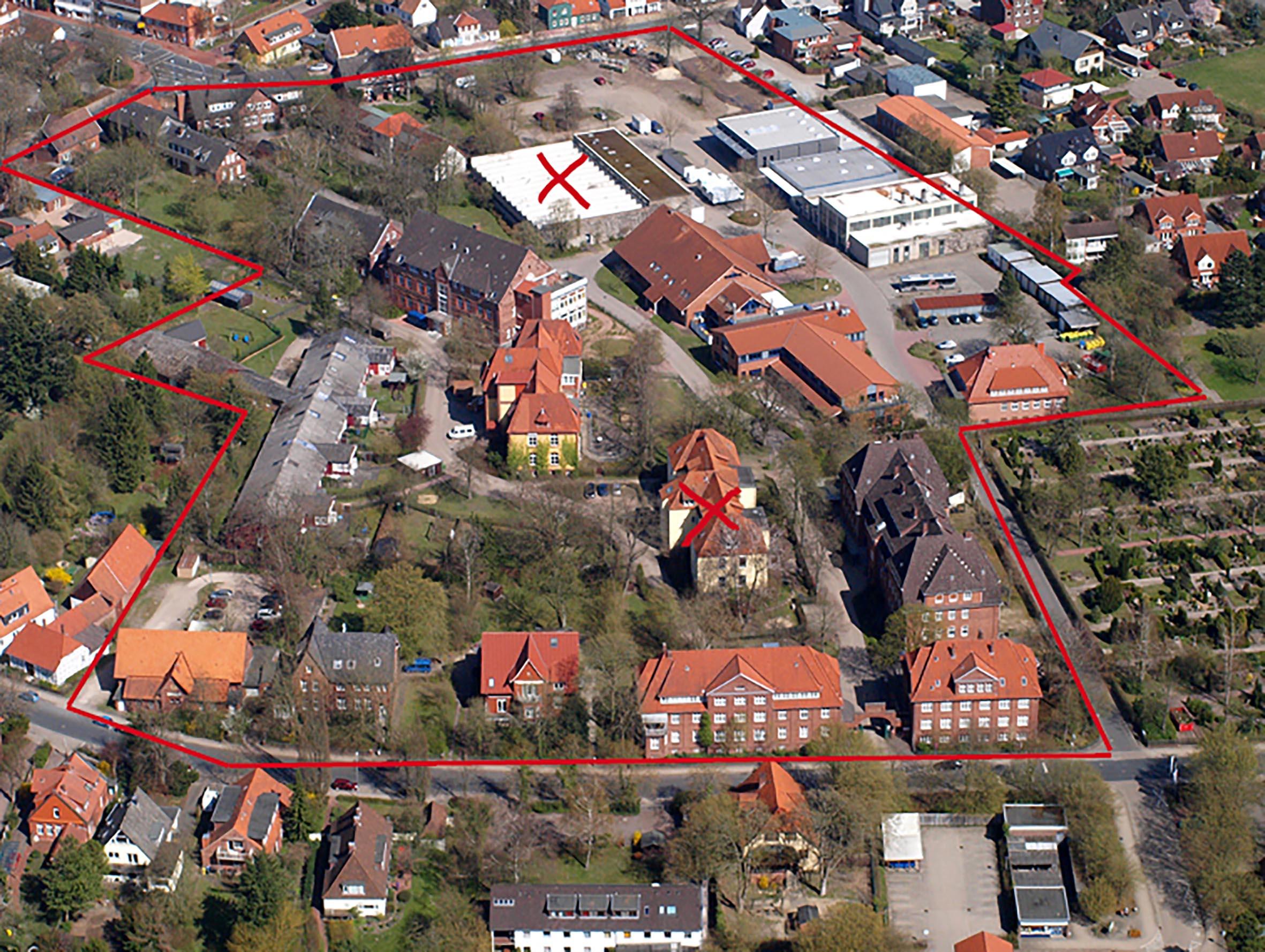 luftbild mit umriss und kennzeichnung schon abgerissener objekte 