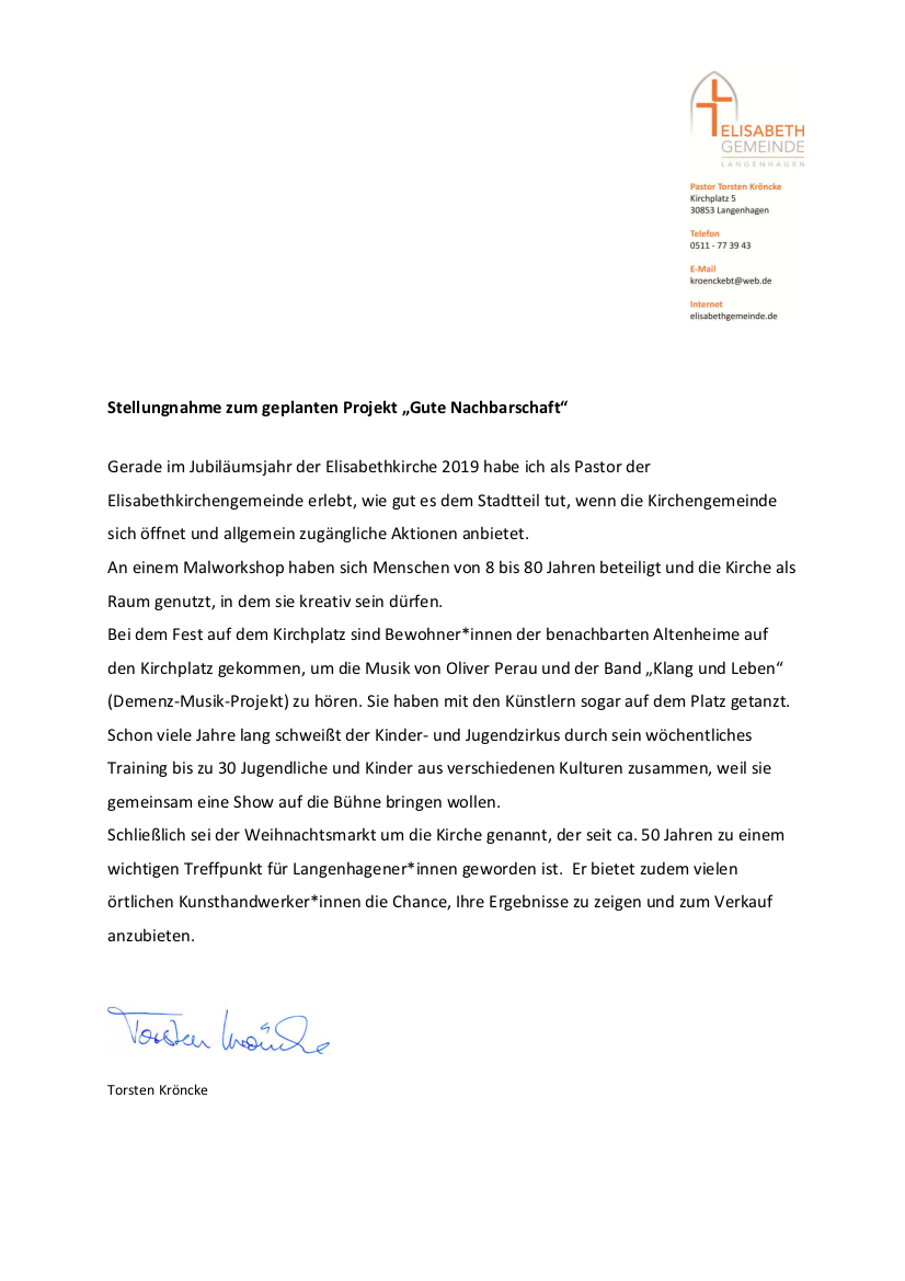 stellungnahme zum projekt gute nachbarschaft kroe