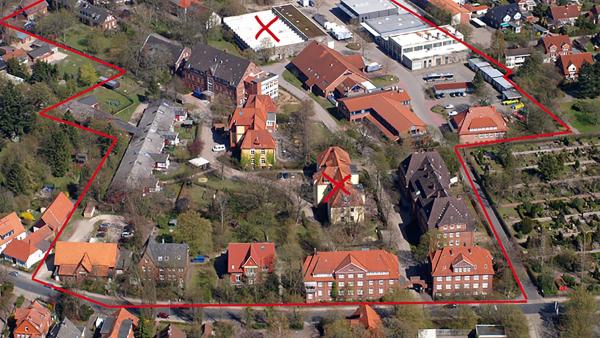 luftbild mit umriss und kennzeichnung schon abgerissener objekte 